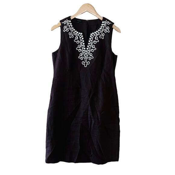 Talbots Linen Embroidered Studded Sleeveless Sheath Dress Size 6 Brown Cream - Picture 1 of 9